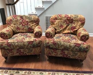 Pair of Stanford Furniture chairs. Great bones! Down & Feather stuffed - shows some wear as you can see - very comfortable. 34" wide x 39" deep x 33" tall. $350 pair