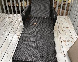 4 Chaise Lounge Chairs - All weather wicker from Crate & Barrel. They have cushions that need to be cleaned but are included if you want them - Sunbrella fabric. Each Chair was around $1000 retail - 2 matching side tables. Would prefer to sell all together as a set but will consider splitting if you only want some of the pieces. $1750 for all.