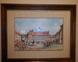 Original watercolor of European marketplace