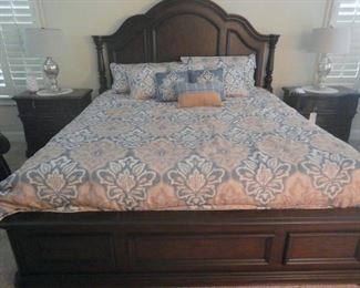 Another picture of King bed from Havertys and two bedside tables.  Comforter set is also for sale