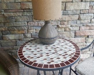 Mosaic top metal outdoor table, Aged wood base lamp