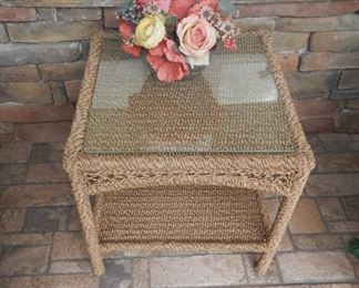 Rush woven chairside table with glass on top