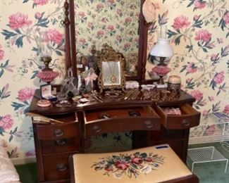 Antique dressing table, needlepoint bench 