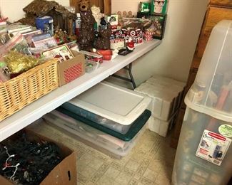 Wrapping paper, cards, lights, holiday, wood filing cabinet.