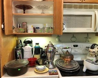 Cast iron, Mixer, cake plates, coffee pots, thermos.