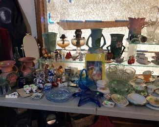 Roseville, glassware, tea cups, punch bowl set, oil lamps, salt and pepper.