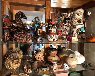Indian pottery, Kachina dolls.  Puffer fish, turtle shells