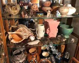 Vintage pottery, shels, Indian pottery.  Etched glass.