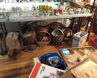 Baskets, glassware, vintage irons