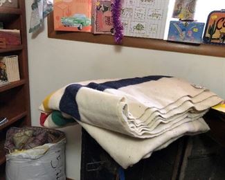 Vintage blanket, steamer truck, books, bedding, boxes