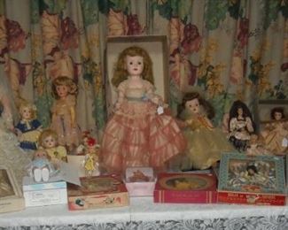 List of Dolls:   American character Sweet Sue, Miss Revlon, Dick Tracy "Sparkle Plenty", Madame Alexander, Kewpie dolls, Vintage composition and hard plastic, Walt Disney and Storybook dolls