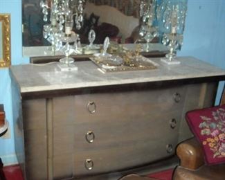 Mid-century dresser, chest, 2 night stands, exquisite pair of waterfall lamps on marble bases.