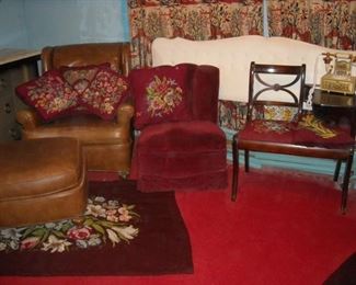 Large vinyl chair with matching ottoman, sweetheart red side chair,  king size padded headboard w/rails