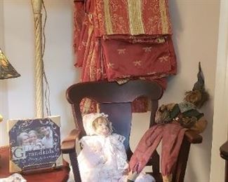 window treatments, antique chairs, dolls