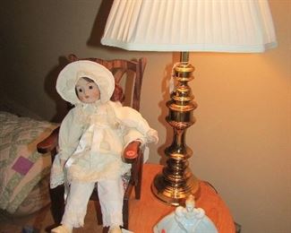 Vintage doll, brass lamps