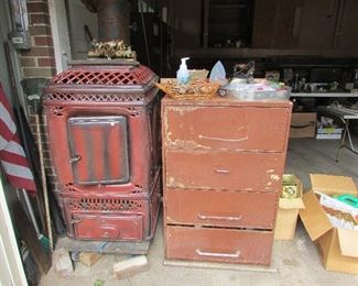 Antique Coal Stove, Metal Cabinet with Tools & Hardware