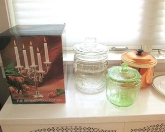 Depression Glass Canister, Planters Canister, Candlestick Holder