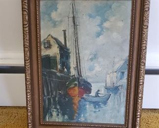 Harbor scene. Oil painting. Signed Godfrey.