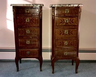 French marquetry and parquetry marble topped night stands