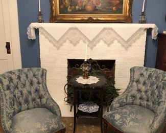 PAIR ANTIQUE EASTLAKE STYLE TUFTED BACK CHAIRS, IMPERIAL SQUARE TABLE