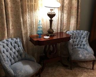 PAIR ANTIQUE EASTLAKE STYLE TUFTED BACK CHAIRS, VINYARD DUNCAN PHYFE STYLE DOUBLE LYRE HARP TABLE