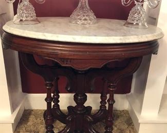 OVAL MARBLE TOP TABLE, FOSTORIA AMERICAN
