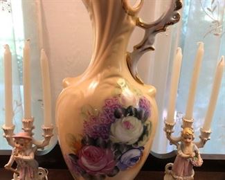 HAND PAINTED URN PITCHER, CANDLE HOLDERS