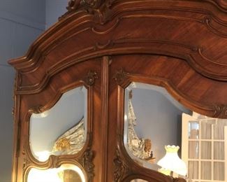 ANTIQUE FRENCH CARVED ARMOIRE w/BEVELED GLASS MIRROR DOORS