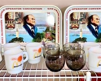 Vintage Fire King McDonald mugs, owner/operator convention trays
