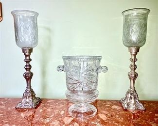 Large candlesticks w/ crystal votives, Large crystal ice bucket