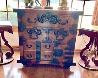 Chinese puzzle cabinet, hand painted side tables