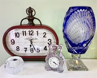 Modern clock, Waterford bear clock, Czech Cut glass footed vase blue to clear