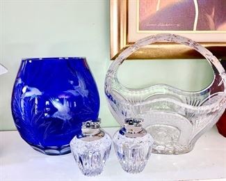 Blue cut to clear bird vase, crystal basket, crystal lighters