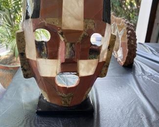 Mayan Aztec Ceremonial Abalone mask black stone stand