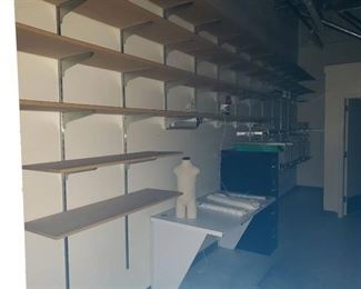 Lot of wall shelving, file cabinet, manequins