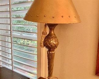 $75 - Single lamp with gold shade. 33.5"H, shade is 15"