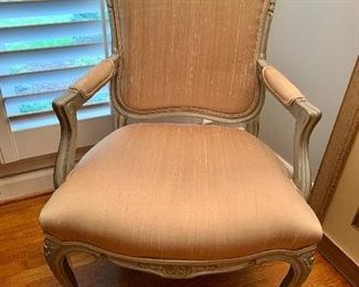 $125 - One of two French Provincial chairs, both have tears to silk upholstery. 40.5"H x 26"D x 26.5"W, seat height is 18"