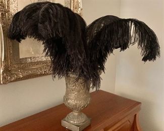 $40 - Home decor, composite urn with feathers. Small chip in urn.  18"H, approximately 22"W as arranged