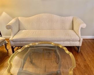 $350 - White, damask, Sheridan sofa 82.5"W x 36"H x 34"D, 18" seat height