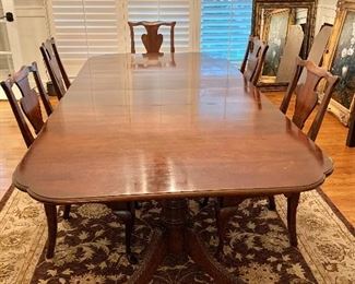 $650 - Double pedestal table (pads included) 29"H x 92" with both 12" leaves in x 46"D