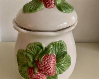 $15; Ceramic Strawberry covered jam jar; approx 8” high.
