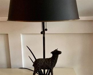 $195; Metal sheep figural table lamp with black metal shade. 20.5”H (base 5” x 7” and lamp shade 13” x 10”)