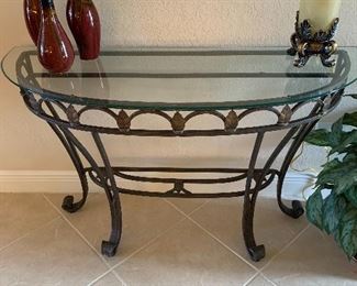 Set of four high-end glass and metal tables. Two end tables, one coffee table, one demilune.