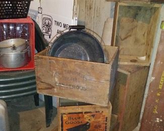 vintage crates, boxes, peach baskets