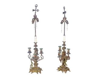 28. Pair of Renaissance Revival Gilt Metal Candelabra Lamps
