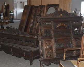 279. Carved Antique Renaissance Revival Bed and Wardrobe Cabinet