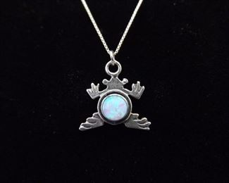 .925 Sterling Silver Opal Cabochon Sacred Frog Pendant Necklace
