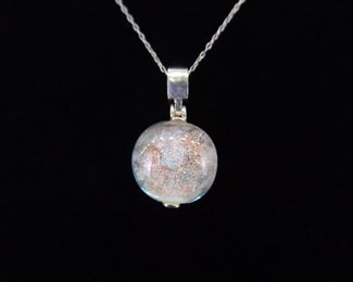 .925 Sterling Silver Ocean Blue and Pink Dichroic Glass Cabochon Pendant Necklace
