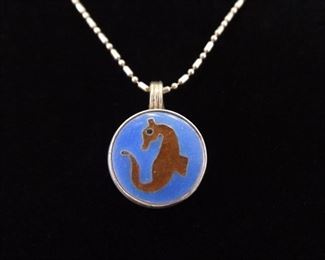 .925 Sterling Silver Inlayed Lapis with Inlayed Jasper Seahorse Pendant Necklace
