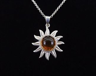 .925 Sterling Silver Amber Cabochon Sunflower Pendant Necklace
